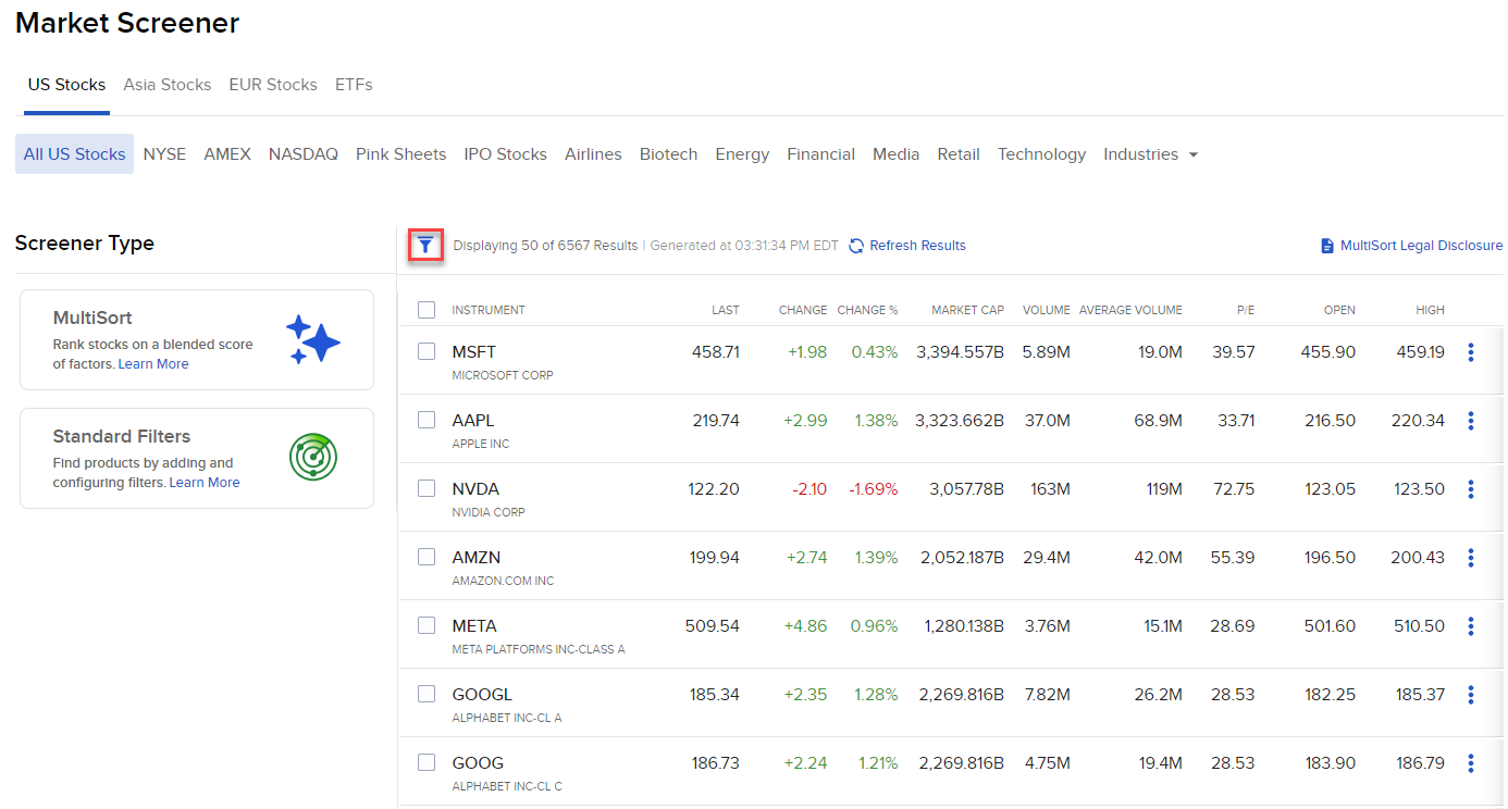 Image of the market screener filter in portal. 